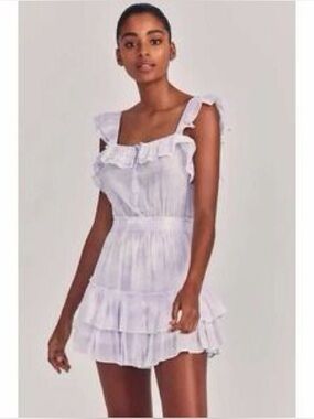 LoveShackFancy Lilac Purple Tie Dye Ruffle Smocked Mini Dress Womens Size L